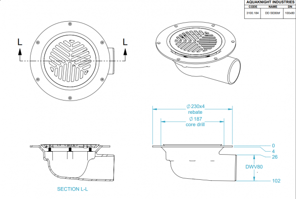 Aqua Deck Drain Side Exit Flat Top 100mm/80mm - Image 2