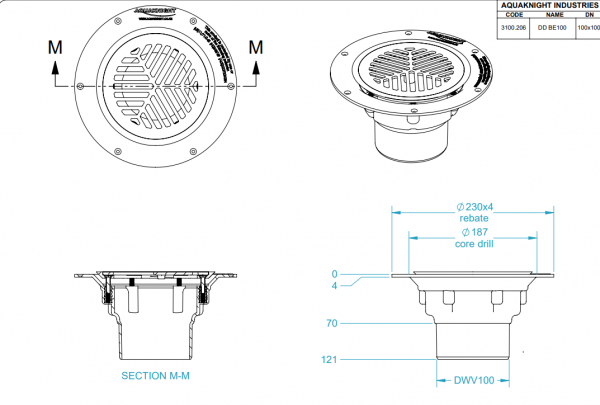 Aqua Deck Drain Bottom Exit SS Flat Top 100mm/80mm - Image 2