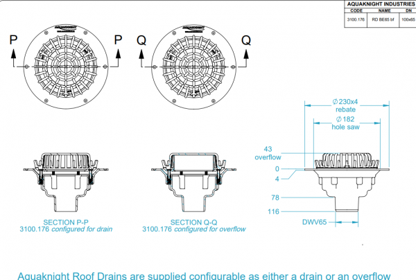 Aqua Roof Drain Bottom Exit Big Flange 65mm - Image 2