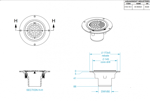 Aqua Deck Drain SS Flat Top Bottom Exit Small Flange 80mm - Image 2