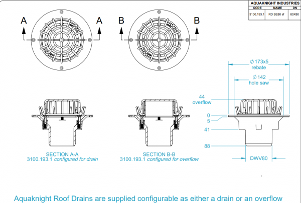 Aqua Roof Drain Bottom Exit Small Flange 80mm - Image 2